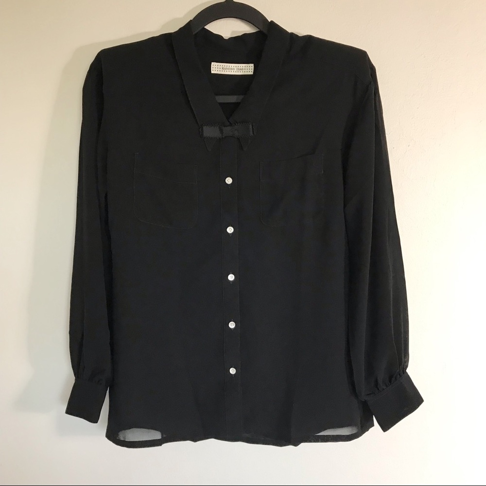 Kaneko Isao Black Bow Neck Sheer Button Up Blouse
